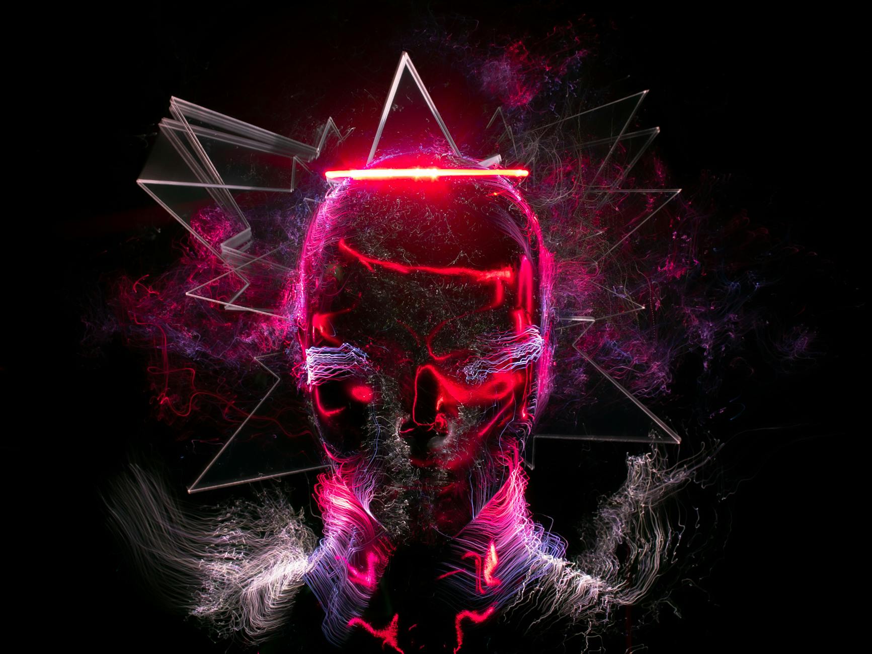 Neonowa czaszka na cyfrowej, abstrakcyjnej ilustracji
